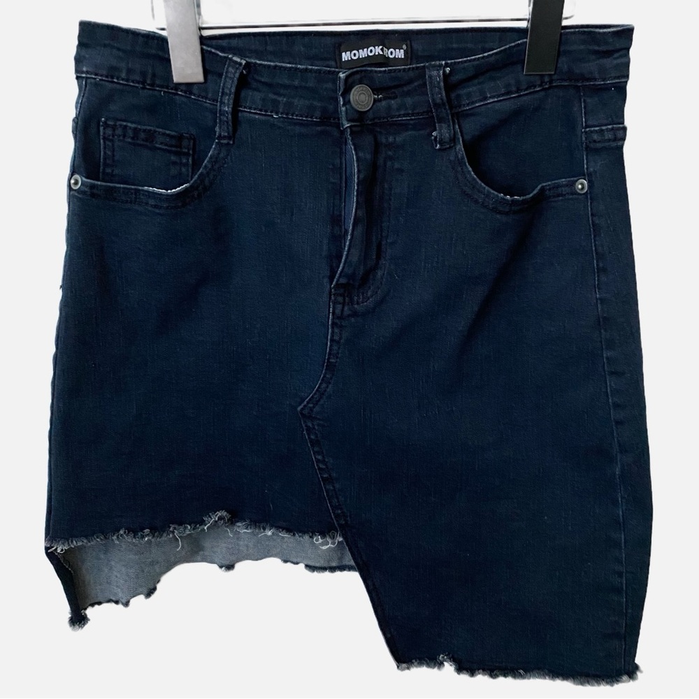 Momokrom Distressed Raw Edge High Low Hem Denim Mini Dark Blue Wash Skirt